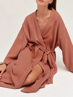 Women's Pajamas Bathrobe Robes Gown Pure Color Simple Casual Comfort Home Daily Bed Cotton Breathable V Wire Long Sleeve Pocket Summer Fall Orange Brown -Deals The Sexy Bra Store vfyosl1693206727430