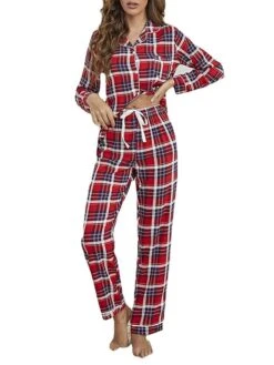 Women's Loungewear Sets Grid / Plaid Fashion Comfort Soft Xmas Home Christmas Daily Cotton Breathable Lapel Long Sleeve Shirt Pant Button Elastic Waist Fall Winter Red -Deals The Sexy Bra Store vgtvia1695281890334