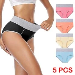 Women's Plus Size Basic Vacation Pure Color Shaping Panty Stretchy High Waist Cotton 5 Pieces Green M