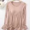 Women's Pajamas Top Pure Color Simple Casual Soft Home Daily Bed Cotton Breathable Crew Neck Long Sleeve Chest Pads Fall Winter Sauce Purple Champagne Powder