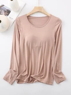 Women's Pajamas Top Pure Color Simple Casual Soft Home Daily Bed Cotton Breathable Crew Neck Long Sleeve Chest Pads Fall Winter Sauce Purple Champagne Powder