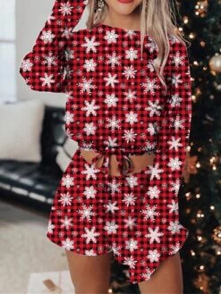 Women's Christmas Loungewear Sets Stripe Snowflake Casual Comfort Xmas Home Christmas Daily Polyester Breathable Crew Neck Long Sleeve Shorts Spring Fall Wine Red -Deals The Sexy Bra Store vicieb1692950065904