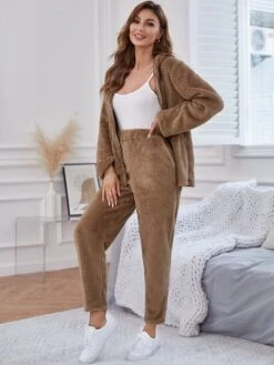 Women's Loungewear Sets Pure Color Maillard Plush Casual Comfort Home Daily Vacation Flannel Warm Hoodie Long Sleeve Cardigan Pant Pocket Fall Winter Khaki -Deals The Sexy Bra Store vimppj1692182970791
