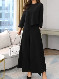 Women's Plus Size Loungewear Sets Pure Color Fashion Casual Comfort Home Street Daily Cotton Breathable Crew Neck Long Sleeve T Shirt Tee Pant Pocket Fall Winter Black Brown -Deals The Sexy Bra Store vjnigf1694162600403