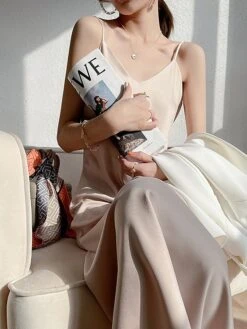 Women's Slip Lingerie Pajamas Nightgown Nightshirt Dress Pure Color Simple Casual Comfort Home Daily Bed Satin Breathable Straps Fall Winter Black White -Deals The Sexy Bra Store vkoexg1697161985415