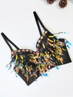 Women's Rhinestone Corset Bustier Feather Undergarments Home Daily Bed Polyester Breathable Straps Sleeveless Backless Summer Spring Black White -Deals The Sexy Bra Store vkrfum1696315689040