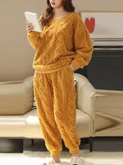 Women's Pajamas Sets Pure Color Warm Fashion Casual Home Daily Bed Flannel Warm Breathable Crew Neck Long Sleeve Hoodie Pant Pocket Elastic Waist Fall Winter Light Pink Black -Deals The Sexy Bra Store vkvzqw1693552819268