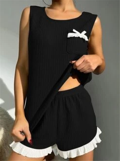 Women's Pajamas Pajama Top And Pant Sets Pure Color Simple Casual Soft Home Daily Bed Waffle Fabric Breathable Crew Neck Sleeveless Shorts Summer Spring Yellow Pink -Deals The Sexy Bra Store vloycg1679451493047