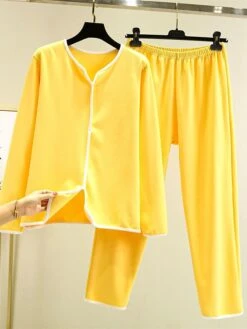 Women's Pajamas Sets Patchwork Warm Fashion Plush Home Daily Bed Cotton Warm Breathable V Wire Long Sleeve Shirt Pant Button Fall Winter Korean Fans Yellow -Deals The Sexy Bra Store vmdcpv1695281885724