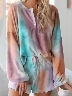 Women's Loungewear Sets Tie Dye Simple Casual Comfort Street Daily Vacation Polyester Breathable Crew Neck Long Sleeve Shorts Button Elastic Waist Spring Summer Purple Light Blue -Deals The Sexy Bra Store vnfkmf1676969762475