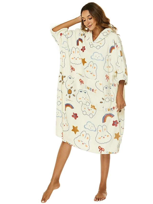 Women's Robes Gown Cartoon Comfort Home Polyester Comfort Hoodie Short Sleeve Pullover Pocket Hoodie Summer Beige 5 Women's Robes Gown Cartoon Comfort Home Polyester Comfort Hoodie Short Sleeve Pullover Pocket Hoodie Summer Beige - Image 5