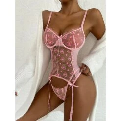 Women's Sexy Bodies Sets Heart Lovers Hot See Through Home Bed Valentine's Day Polyester Breathable Straps Sleeveless Backless Embroidery Summer Spring Pink -Deals The Sexy Bra Store voehns1697161963034