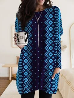 Women's Nightgown Stripe Geometic Fashion Comfort Home Daily Polyester Crew Neck Long Sleeve Pocket Fall Winter Khaki Dark Blue