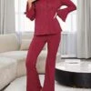 Women's Loungewear Sets Pure Color Fashion Casual Comfort Wedding Party Polyester Breathable Lapel Long Sleeve Shirt Pant Button Fall Winter Wine