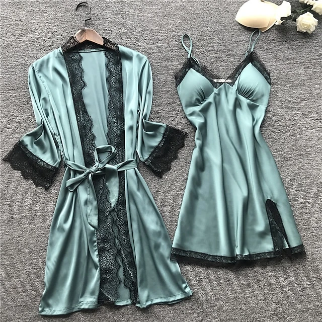 Women's Lace Satin Silk Pajamas Sets 4 Pcs Home Party Daily St.Patrick's Day Elastic Waist Pure Color Satin Simple Casual Soft Strap Top Shorts Fall Winter Spring Strap Short Sleeves Long Sleeve 10 Women's Lace Satin Silk Pajamas Sets 4 Pcs Home Party Daily St.Patrick's Day Elastic Waist Pure Color Satin Simple Casual Soft Strap Top Shorts Fall Winter Spring Strap Short Sleeves Long Sleeve - Image 10