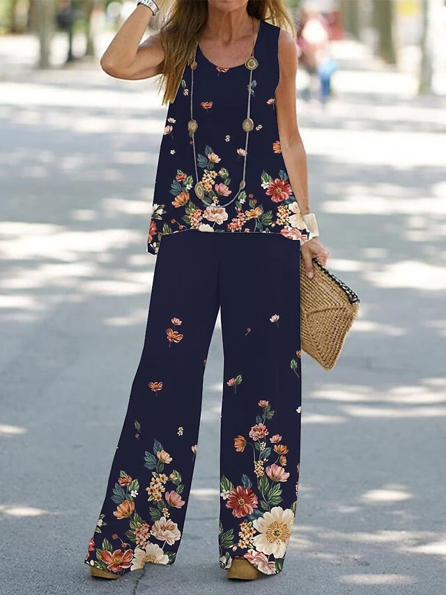 Women's Petite Sets 2 Pieces Flower Casual Comfort Street Daily Polyester Breathable Crew Neck Sleeveless Pant Summer Spring Black White 4 Women's Petite Sets 2 Pieces Flower Casual Comfort Street Daily Polyester Breathable Crew Neck Sleeveless Pant Summer Spring Black White - Image 4