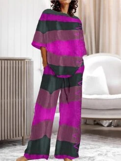 Women's Pajama Top And Pant Stripe Comfort Home Daily Polyester Crew Neck Summer Spring Yellow Pink -Deals The Sexy Bra Store vthfva1686296174616