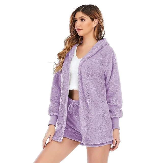 Women's Hooded Pajama Sets 3 Pieces Fluffy Fleece Long Sleeves Coat Shorts Vest For Winter Gift For Valentine's Day 11 Women's Hooded Pajama Sets 3 Pieces Fluffy Fleece Long Sleeves Coat Shorts Vest For Winter Gift For Valentine's Day - Image 11