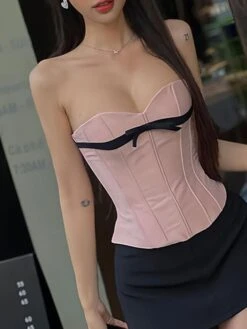 Women's Corsets Halloween Waist Trainer Body Shaper Pure Color Fashion Hot Punk & Gothic Party Carnival Satin Breathable Bandeau Sleeveless Backless Summer Spring Pink -Deals The Sexy Bra Store vturfv1691392646514