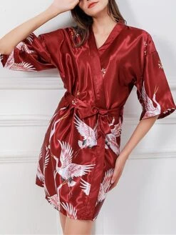 Women's Satin Silk Bathrobe Dressing Gown Animal Flower Print Casual Comfort Soft Home Daily Bed Satin Breathable V Wire Half Sleeve Summer Fall Black Pink -Deals The Sexy Bra Store vuairo1689506595853