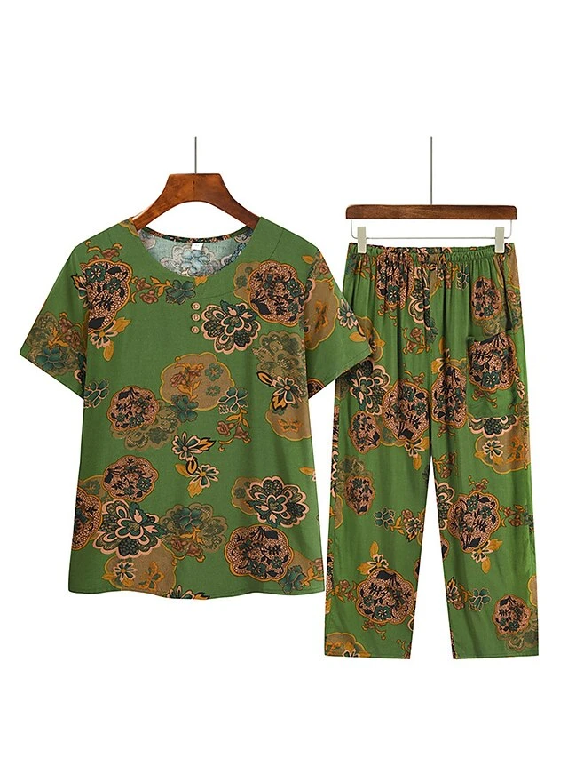 Women's Plus Size Loungewear Sets Flower Leaves Simple Casual Comfort Home Daily Vacation Polyester Breathable Crew Neck Short Sleeve T Shirt Tee Summer Spring Lake Blue Army Green 3 Women's Plus Size Loungewear Sets Flower Leaves Simple Casual Comfort Home Daily Vacation Polyester Breathable Crew Neck Short Sleeve T Shirt Tee Summer Spring Lake Blue Army Green - Image 3