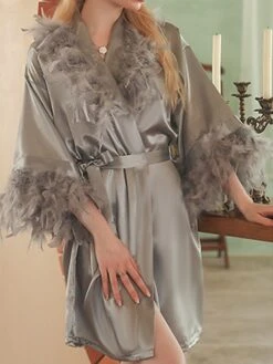 Women's Pajamas Robe Bathrobe Pure Color Fashion Comfort Soft Home Bed Wedding Party Polyester Breathable V Wire Feather Fall Winter Claret Deep Purple -Deals The Sexy Bra Store vwyhdp1694742418892