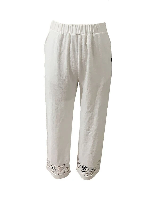 Women's Plus Size Loungewear Pants Pure Color Simple Casual Comfort Home Daily Vacation Linen Breathable Pant Pocket Summer Spring White 3 Women's Plus Size Loungewear Pants Pure Color Simple Casual Comfort Home Daily Vacation Linen Breathable Pant Pocket Summer Spring White - Image 3