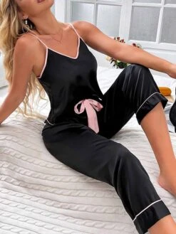 Women's Pajamas Pajama Top And Pant Sets Pure Color Simple Casual Soft Home Daily Bed Satin Breathable Straps Sleeveless Strap Top Pant Summer Spring Lotus Pink Black -Deals The Sexy Bra Store vywlkp1680597768871