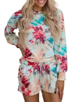 Women's Pajamas Sets Tie Dye Fashion Casual Home Daily Polyester Warm Breathable Crew Neck Long Sleeve Pullover Shorts Pocket Elastic Waist Summer Spring Photo Color -Deals The Sexy Bra Store vyyxqx1693467422558