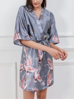 Women's Satin Silk Bathrobe Dressing Gown Animal Flower Print Casual Comfort Soft Home Daily Bed Satin Breathable V Wire Half Sleeve Summer Fall Black Pink -Deals The Sexy Bra Store wamyso1689506600173