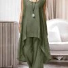 Women's Loungewear Sets Pure Color Casual Comfort Oversized Home Daily Vacation Polyester Breathable Crew Neck Sleeveless Pant Summer Spring Black Army Green