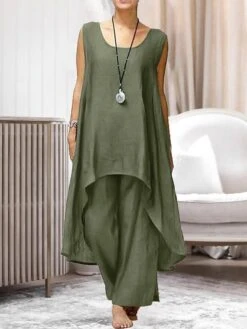 Women's Loungewear Sets Pure Color Casual Comfort Oversized Home Daily Vacation Polyester Breathable Crew Neck Sleeveless Pant Summer Spring Black Army Green