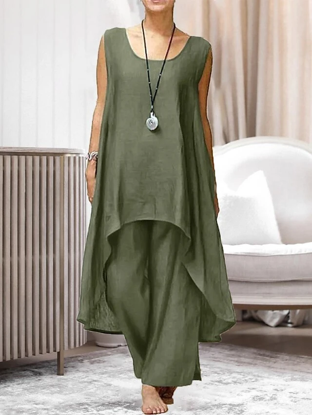 Women's Loungewear Sets Pure Color Casual Comfort Oversized Home Daily Vacation Polyester Breathable Crew Neck Sleeveless Pant Summer Spring Black Army Green 1 Women's Loungewear Sets Pure Color Casual Comfort Oversized Home Daily Vacation Polyester Breathable Crew Neck Sleeveless Pant Summer Spring Black Army Green