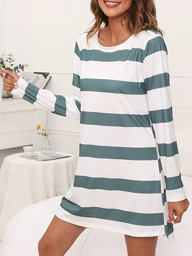 Women's Loungewear Nightgown Nightshirt Dress Stripe Basic Casual Comfort Home Daily Vacation Cotton Breathable Crew Neck Long Sleeve Summer Spring Black Green 7 Women's Loungewear Nightgown Nightshirt Dress Stripe Basic Casual Comfort Home Daily Vacation Cotton Breathable Crew Neck Long Sleeve Summer Spring Black Green - Image 7