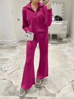 Women's Loungewear Sets Pure Color Fashion Sport Casual Home Street Daily Polyester Breathable Lapel Long Sleeve Hoodie Pant Pocket Fall Winter Black Fuchsia
