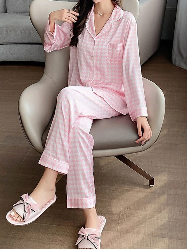 Women's Loungewear Sets Grid / Plaid Fashion Comfort Soft Home Daily Bed Ice Silk Breathable Lapel Long Sleeve Shirt Pant Button Pocket Fall Winter Black Pink 15 Women's Loungewear Sets Grid / Plaid Fashion Comfort Soft Home Daily Bed Ice Silk Breathable Lapel Long Sleeve Shirt Pant Button Pocket Fall Winter Black Pink - Image 15