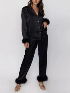 Women's Pajamas Sets Pure Color Fashion Casual Soft Wedding Party Satin Breathable Lapel Long Sleeve Shirt Pant Feather Fall Black White 29 Women's Pajamas Sets Pure Color Fashion Casual Soft Wedding Party Satin Breathable Lapel Long Sleeve Shirt Pant Feather Fall Black White -Deals The Sexy Bra Store wgktph1692861965933