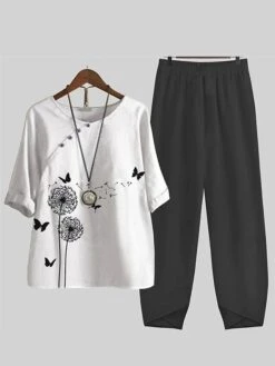 Women's 2 Piece Loungewear Sets Top And Pant Sets Butterfly Flower Fashion Casual Soft Home Daily Bed Polyester Breathable Crew Neck Half Sleeve T Shirt Tee Pant Summer Spring White