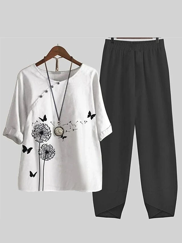 Women's 2 Piece Loungewear Sets Top And Pant Sets Butterfly Flower Fashion Casual Soft Home Daily Bed Polyester Breathable Crew Neck Half Sleeve T Shirt Tee Pant Summer Spring White 1 Women's 2 Piece Loungewear Sets Top And Pant Sets Butterfly Flower Fashion Casual Soft Home Daily Bed Polyester Breathable Crew Neck Half Sleeve T Shirt Tee Pant Summer Spring White