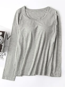 Women's Pink Pajama Top With Chest Pads Loungewear Top Pure Color Fashion Casual Comfort Street Daily Bed Modal Breathable Crew Neck Long Sleeve Fall Winter Black White -Deals The Sexy Bra Store whwlsc1697699926638