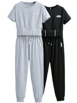 Women's Loungewear Sets Pure Color Fashion Casual Comfort Street Daily Date Polyester Breathable Crew Neck Short Sleeve Pant Pocket Summer Fall Black Light Grey -Deals The Sexy Bra Store wjhtoj1691046341934