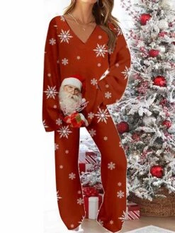Women's Christmas Pajamas Sets Santa Claus Snowflake Warm Comfort Soft Home Christmas Daily Polyester Gift V Wire Long Sleeve Pant Fall Winter Wine Blue