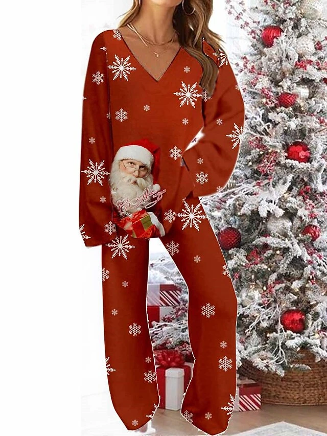 Women's Christmas Pajamas Sets Santa Claus Snowflake Warm Comfort Soft Home Christmas Daily Polyester Gift V Wire Long Sleeve Pant Fall Winter Wine Blue 1 Women's Christmas Pajamas Sets Santa Claus Snowflake Warm Comfort Soft Home Christmas Daily Polyester Gift V Wire Long Sleeve Pant Fall Winter Wine Blue