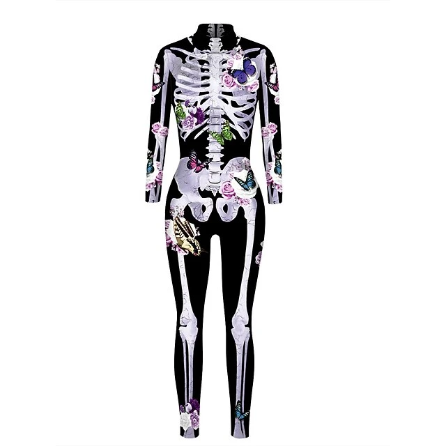 Women's Onesie Skeleton Retro Punk & Gothic Halloween Polyester Breathable Stand Collar Long Pant Fall Winter Black White 11 Women's Onesie Skeleton Retro Punk & Gothic Halloween Polyester Breathable Stand Collar Long Pant Fall Winter Black White - Image 11