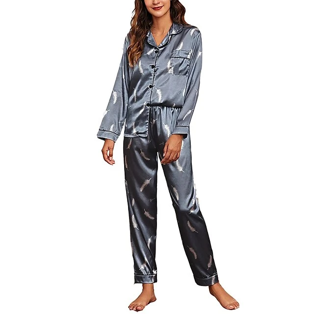 Women's Pajamas Sets Pjs 2 Pieces Flower Simple Hot Comfort Party Home Daily Satin Lapel Long Sleeve Shirt Pant Elastic Waist Fall Spring 6003 6020 4 Women's Pajamas Sets Pjs 2 Pieces Flower Simple Hot Comfort Party Home Daily Satin Lapel Long Sleeve Shirt Pant Elastic Waist Fall Spring 6003 6020 - Image 4