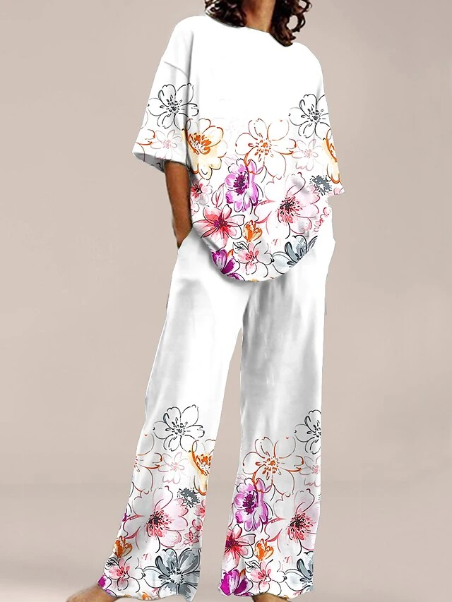 Women's Loungewear Sets 2 Pieces Flower Comfort Home Daily Polyester Crew Neck Half Sleeve Summer Spring Light Pink White Powder 2 Women's Loungewear Sets 2 Pieces Flower Comfort Home Daily Polyester Crew Neck Half Sleeve Summer Spring Light Pink White Powder - Image 2