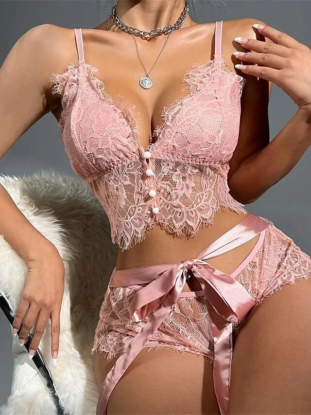 Women's Sexy Lingerie Sets Pure Color Lovers Hot Home Bed Date Polyester Breathable Straps Sleeveless Backless Summer Spring Pink 4 Women's Sexy Lingerie Sets Pure Color Lovers Hot Home Bed Date Polyester Breathable Straps Sleeveless Backless Summer Spring Pink - Image 4