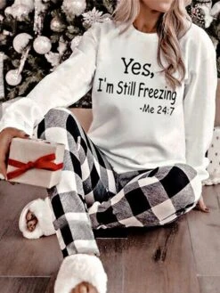 Women's Christmas Pajamas Top Letter Casual Comfort Soft Home Christmas Daily Polyester Breathable Gift Crew Neck Long Sleeve T Shirt Tee Fall Winter Black White