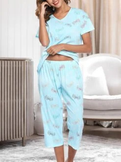 Women's Pajamas Pajama Top And Pant Sets Cat Butterfly Casual Comfort Sweet Home Daily Bed Cotton Breathable V Wire Short Sleeve T Shirt Tee Pant Elastic Waist Summer Spring Pink Blue