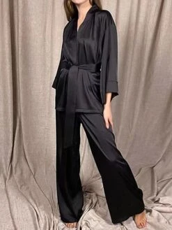 Women's Loungewear Sets 2 Pieces Pure Color Fashion Casual Comfort Street Xmas Daily Date Satin Breathable Plunging Neck Long Sleeve Pant Summer Fall Black Pink -Deals The Sexy Bra Store wonxaz1689597512769